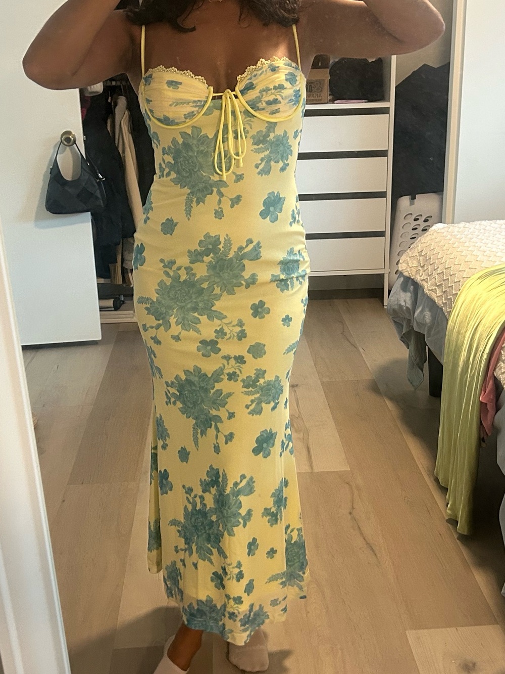 Yellow Maxi Slip Dress with Blue Floral Print